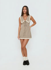 Mayci Collared Lace Trim Romper Brown Check