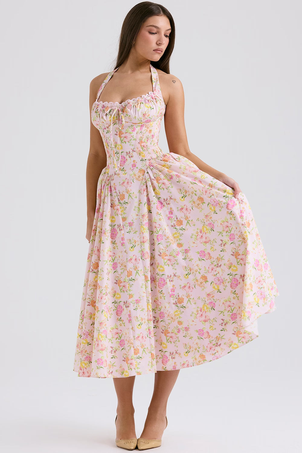 pink meadow print cotton halter midi sundress