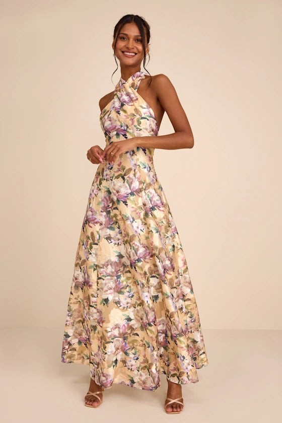 Samana Light Yellow Multi Floral Cross-Front Maxi Dress