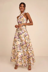 Samana Light Yellow Multi Floral Cross-Front Maxi Dress