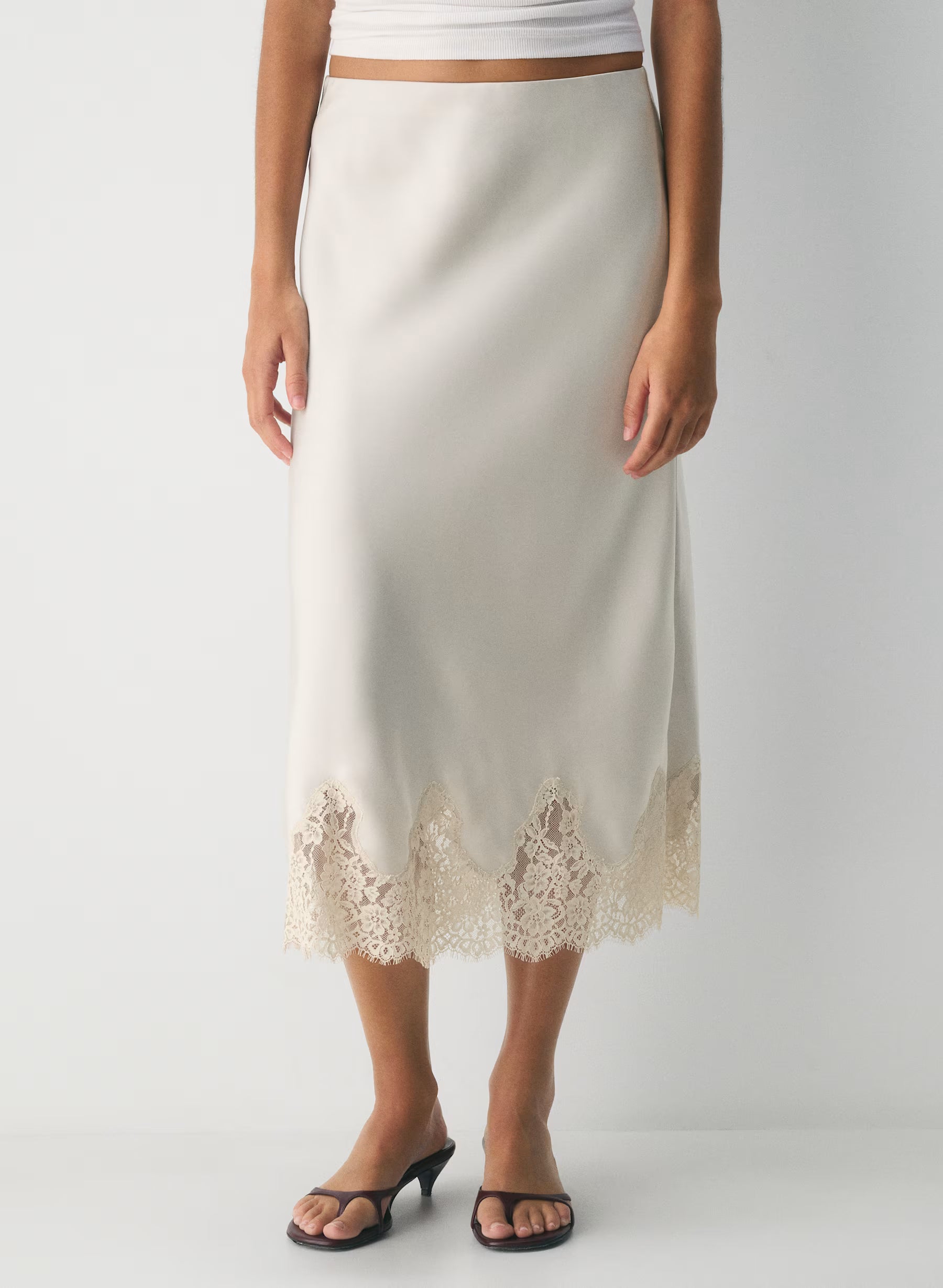 Double satin midi slip skirt with lace trim