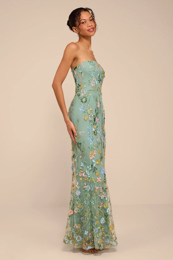 Stefanie Dark Sage Floral Embroidered Mermaid Maxi Dress