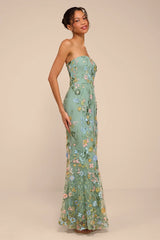 Stefanie Dark Sage Floral Embroidered Mermaid Maxi Dress