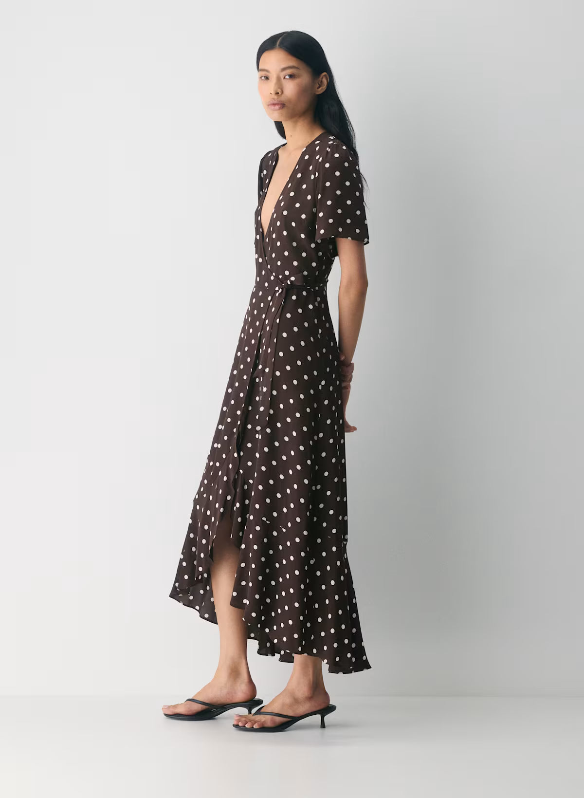 Crepe midi wrap dress with polka-dot pattern
