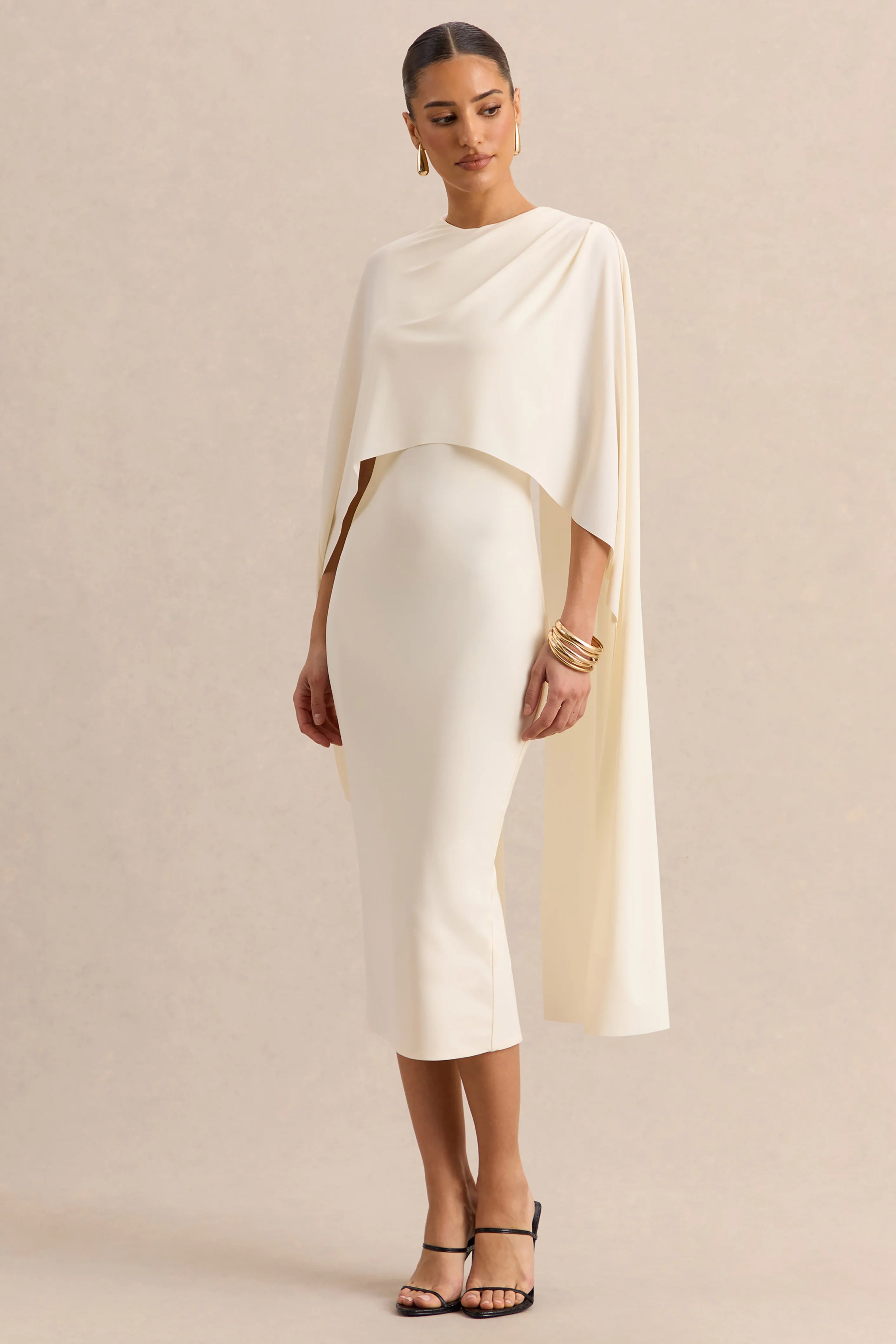 Luxalyn | Cream Round-Neck Midi Dress With Cape-Detail