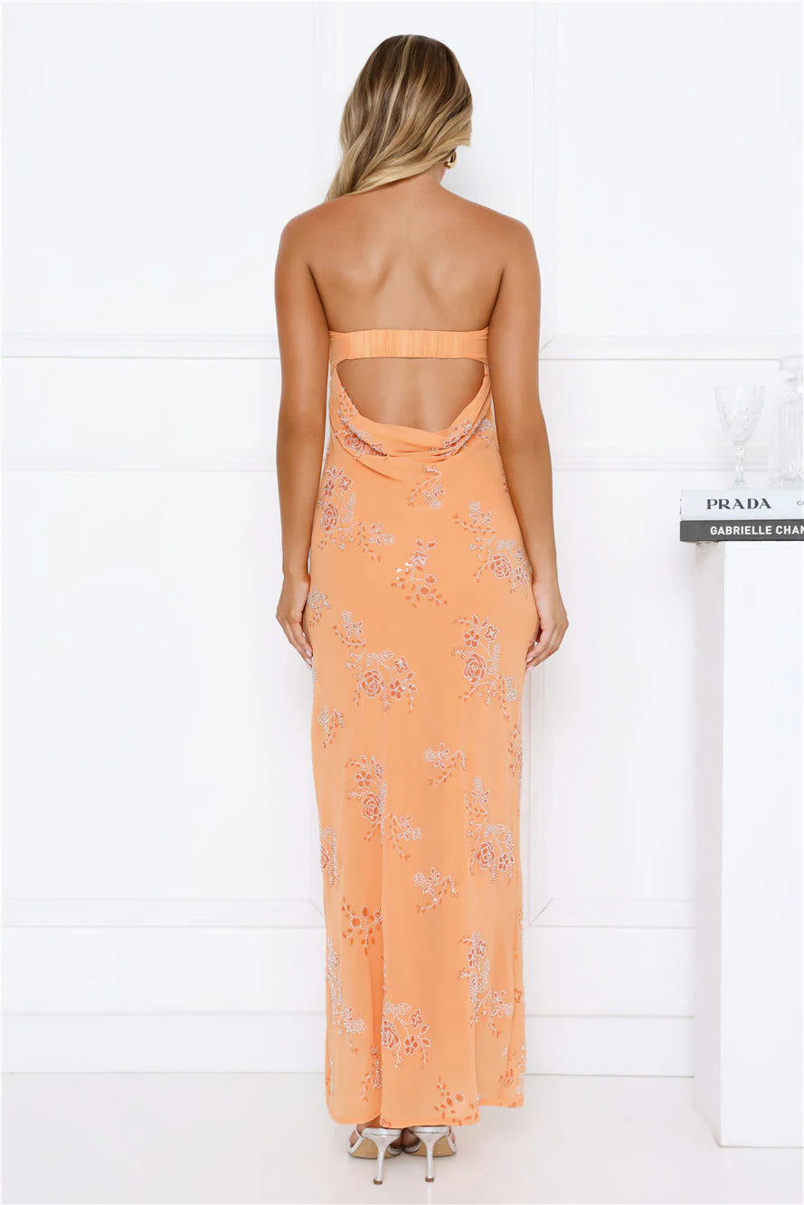Sparkling Floral Embellished Strapless Maxi Dress