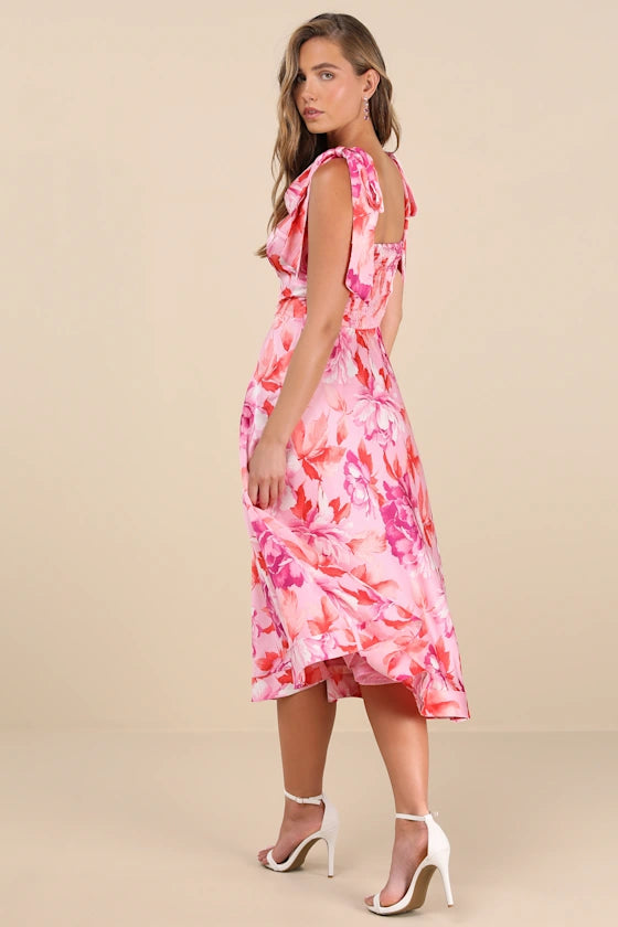 Fleurette Pink Floral Tie-Strap Midi Dress