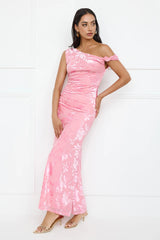 Sultry Poise Mesh Off Shoulder Maxi Dress Pink