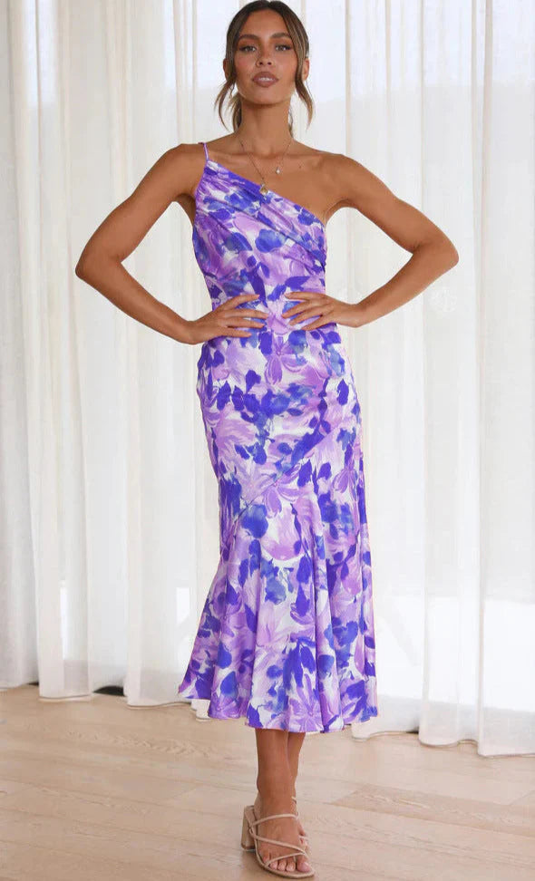 Aeris | Long asymmetrical dress with floral pattern