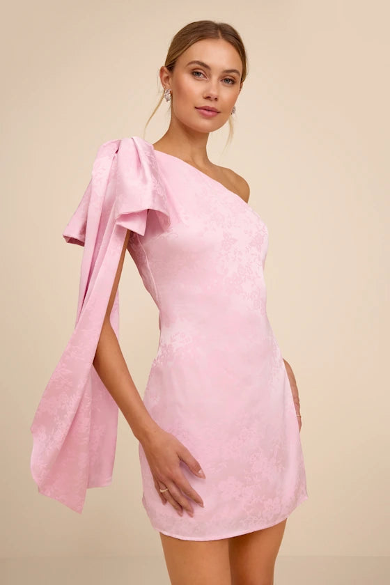 Jayda Light Pink Satin Jacquard One-Shoulder Sash Mini Dress
