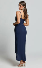 High Low Wrap Corset Dress in Navy