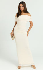 Caterina Maxi - Ruched Off Shoulder Mesh Dress in Off White