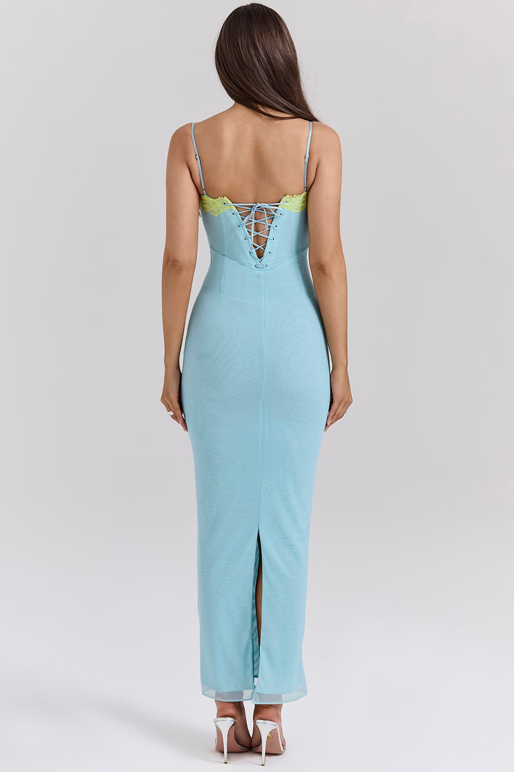ocean blue contrast lace maxi dress