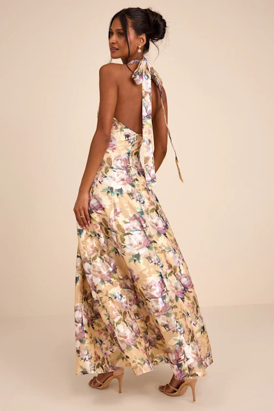 Samana Light Yellow Multi Floral Cross-Front Maxi Dress