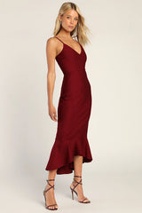 Stun Like Me Wine Red Bodycon Trumpet Hem Midi Dress