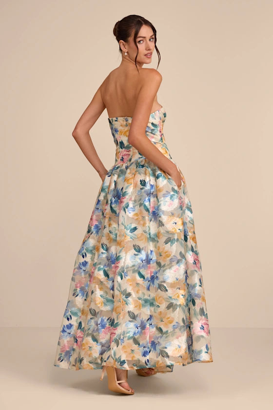 Mikayla Beige Multi Floral Jacquard Maxi Dress