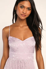 Regal Romance Lavender Floral Jacquard Pleated Satin Midi Dress