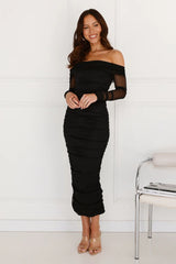 Get Together Off Shoulder Mesh Long Sleeve Midi Dress Black