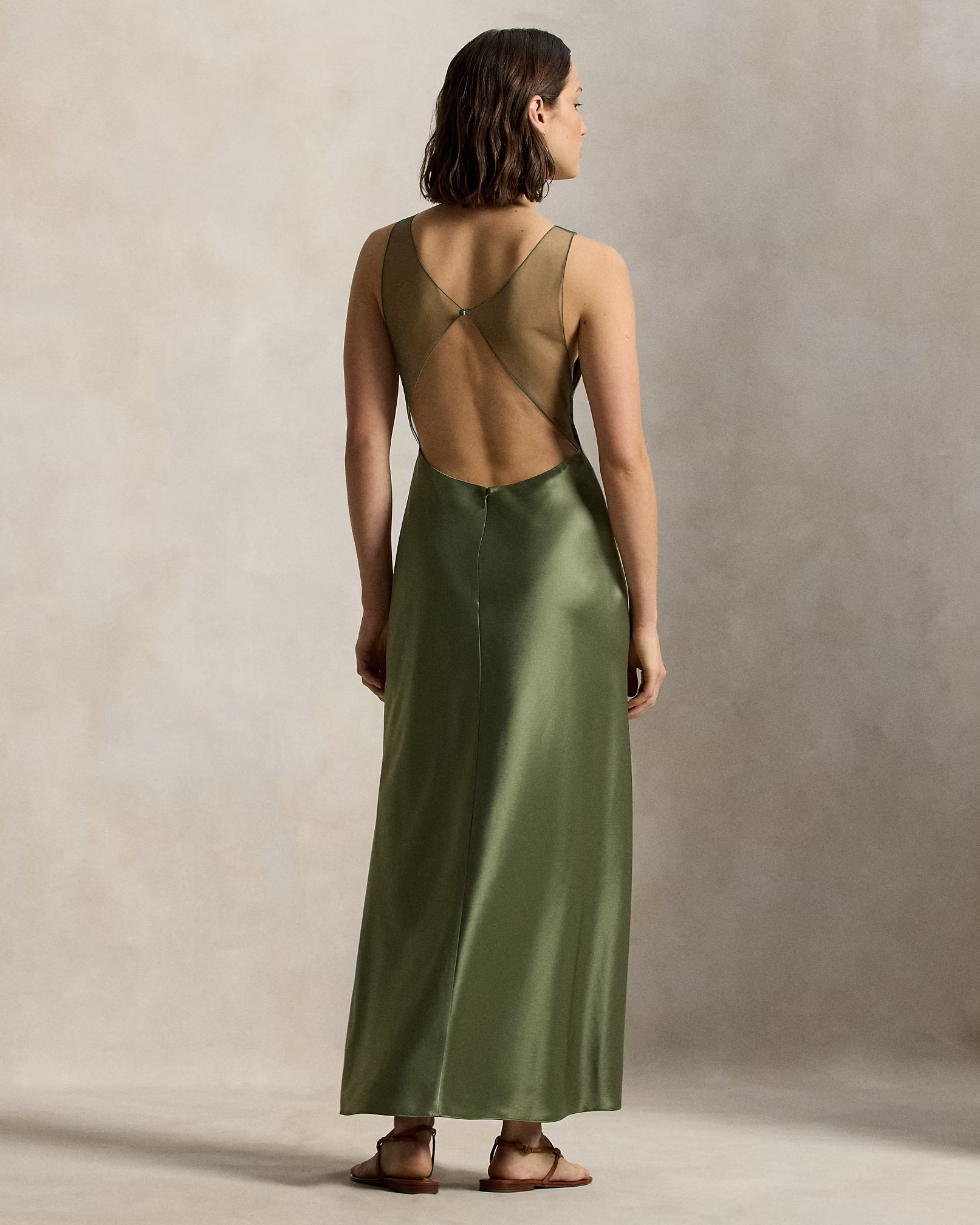 Sheer-Panel Satin Dress