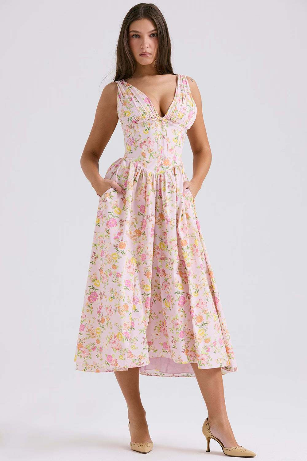 pink meadow print cotton corset sundress