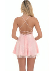 Kelsey Rhinestone Sequin Flared Dress in Pink