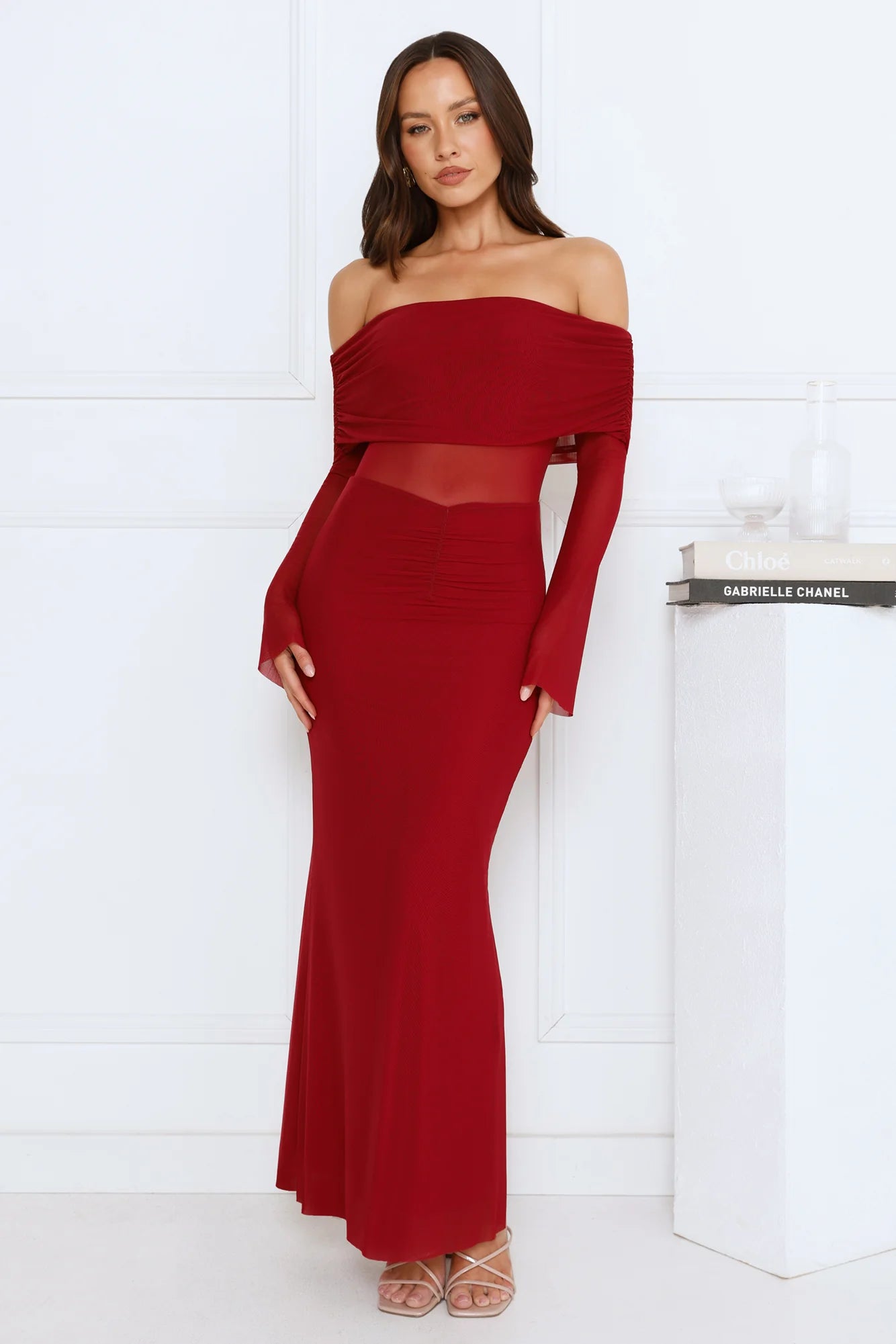 Softspell Off Shoulder Mesh Maxi Dress Burgundy