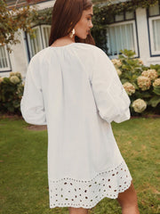 White Long Sleeve Broderie Summer Mini Dress