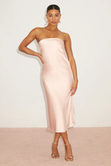 Effortless Bliss Blush Pink Satin Strapless Cowl Back Midi Dress