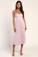 Regal Romance Lavender Floral Jacquard Pleated Satin Midi Dress