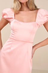 Adorable Poise Peach Pink Pearl Puff Sleeve Mini Dress
