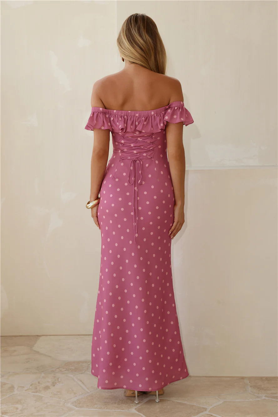 Dotted Delight Off Shoulder Maxi Dress Magenta
