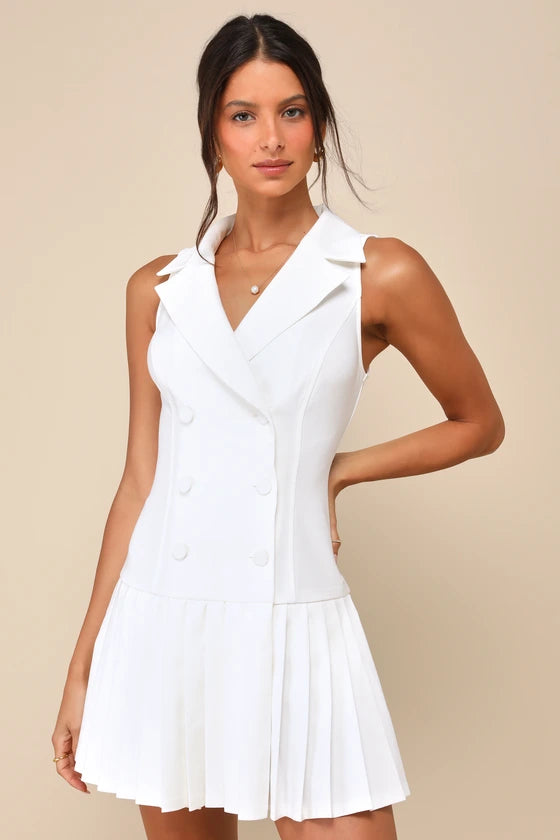 Posh Vision White Sleeveless Blazer Pleated Mini Dress