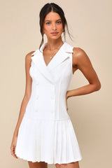 Posh Vision White Sleeveless Blazer Pleated Mini Dress
