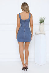 Sweet Talk Silhouette Embroidered Denim Bodycon Mini Dress Blue