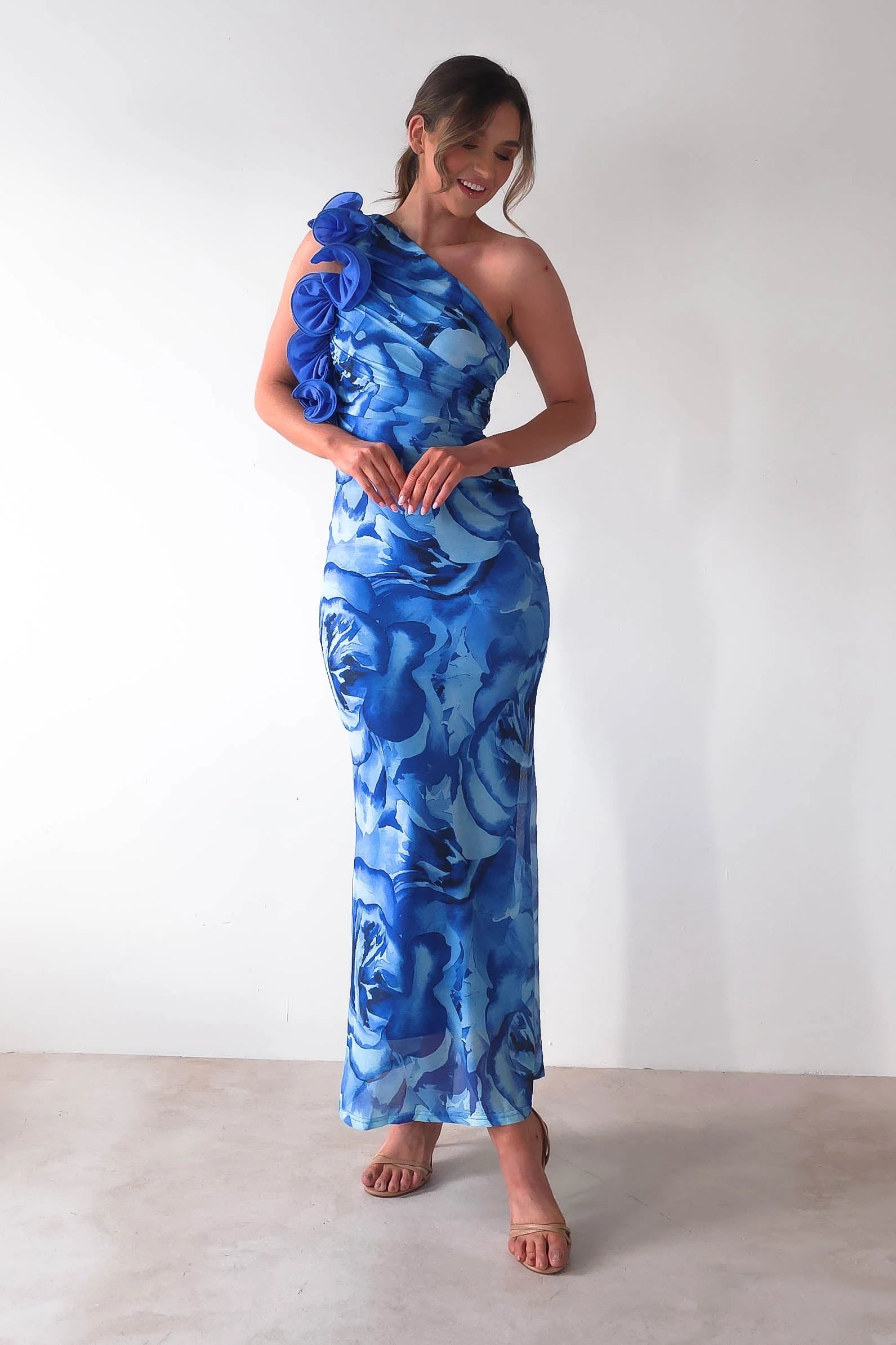 Genie Ruffle Printed Maxi Dress | Blue