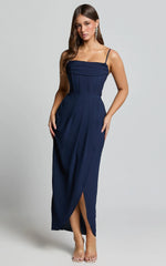 High Low Wrap Corset Dress in Navy