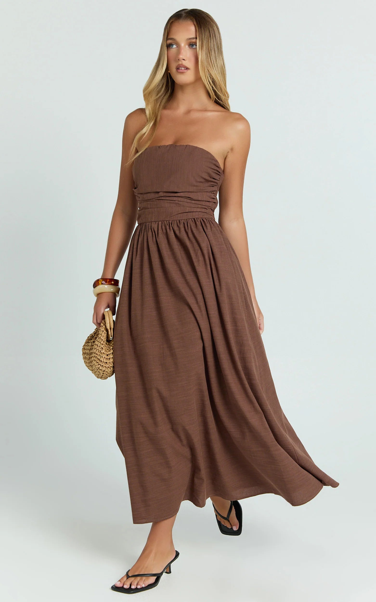 Strapless Ruched Dress in Chocolate