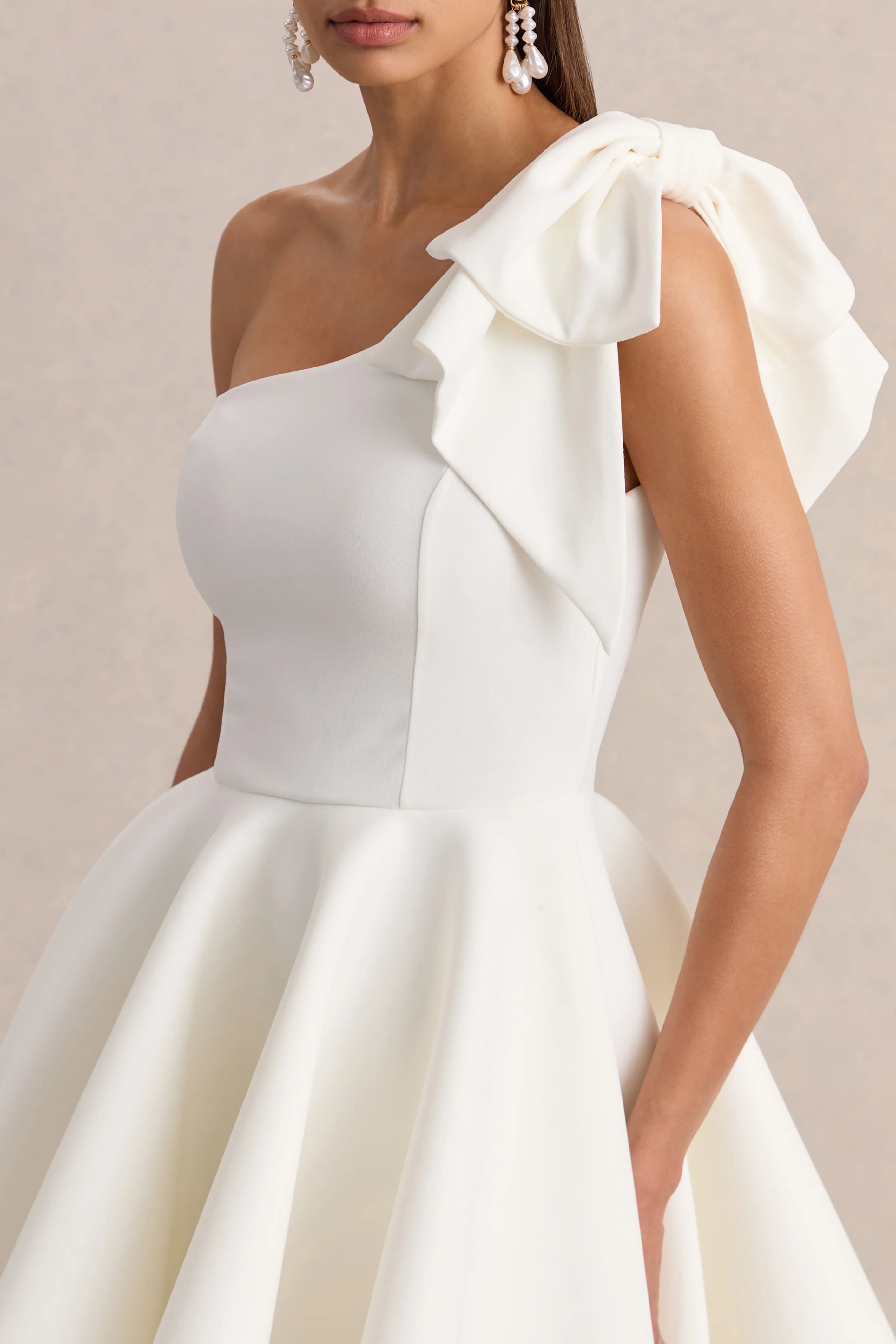 Prosperity | White Asymmetric-Neck Mini Dress With Bow Detail