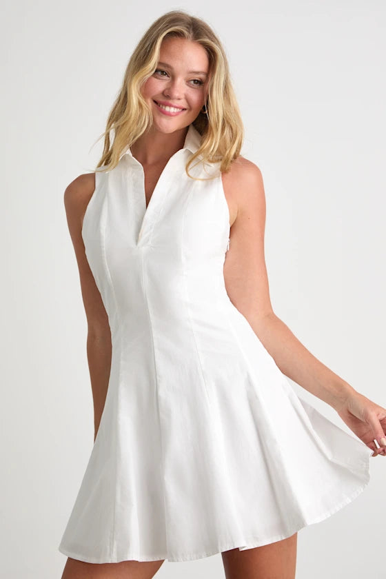 Zenley White Collared Skater Mini Dress