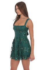 Floral Sequin Fit and Flare Dress in Green