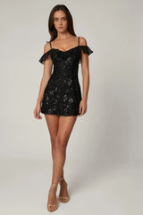 Embellished Lace-Up A-Line Mini Dress in Black