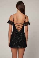 Embellished Lace-Up A-Line Mini Dress in Black