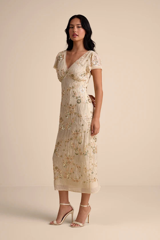 Angelila Beige Sequin Beaded Short Sleeve Midi Dress