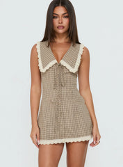 Mayci Collared Lace Trim Romper Brown Check