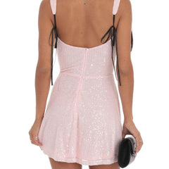 Sequin Black Ribbon A-line Dress in Pink