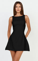 Boat Neck Fit and Flare Dress in Black