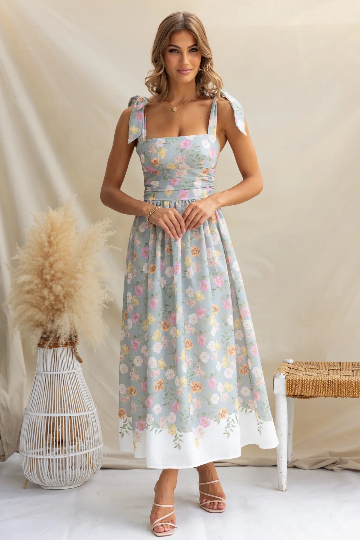 Printed Tie Shoulder Midi Cami Dress