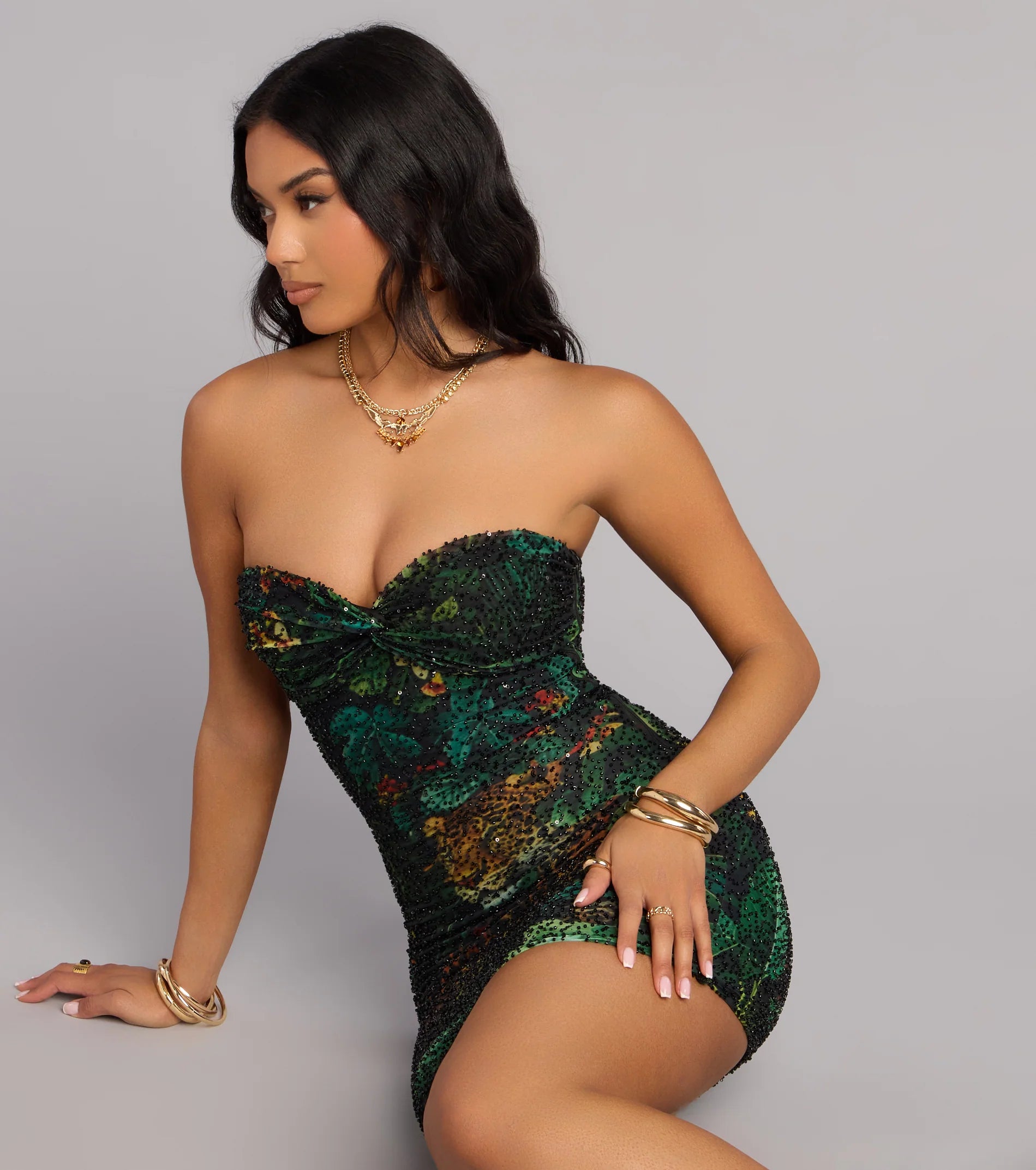 Lindsey Jungle Print Bead Mini Dress