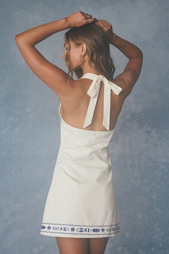Iris White Embroidered Cotton Halter Mini Dress