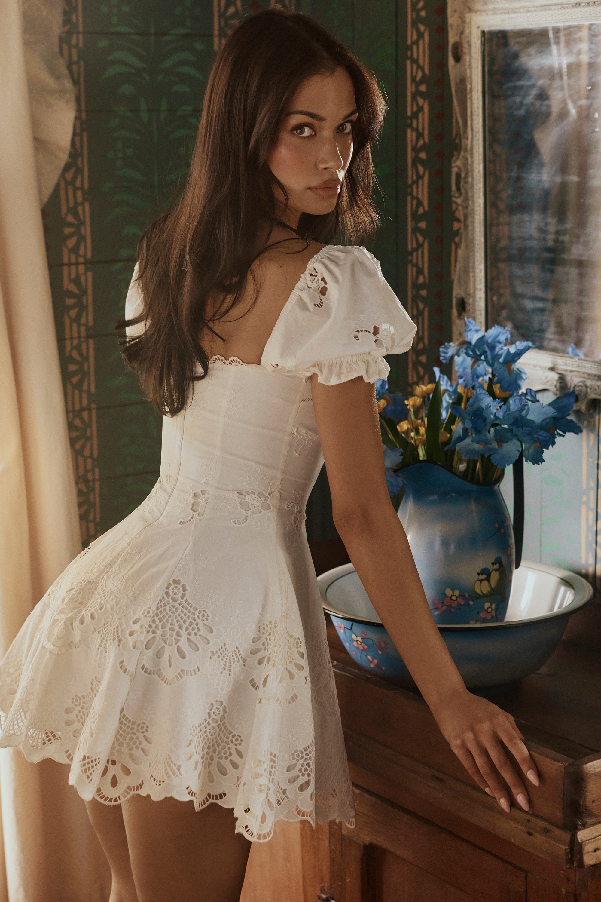 white custom lace + cotton broderie anglaise mini dress